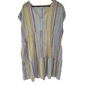Time & Tru Tiered Mini Dress Multi Color Striped V-Neck Short Sleeve 2X Rainbow